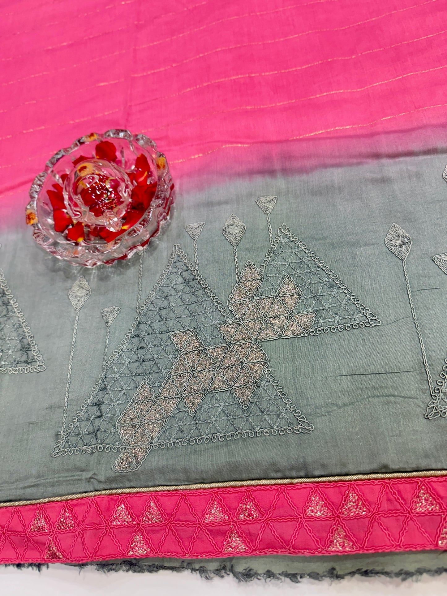 Omber Dual Shaded Designer Silk Saree with Embroidery Lace Work, Patchwork and Art Silk Blouse