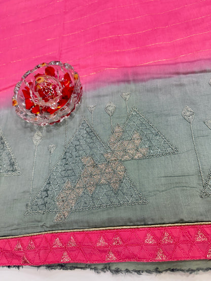 Omber Dual Shaded Designer Silk Saree with Embroidery Lace Work, Patchwork and Art Silk Blouse