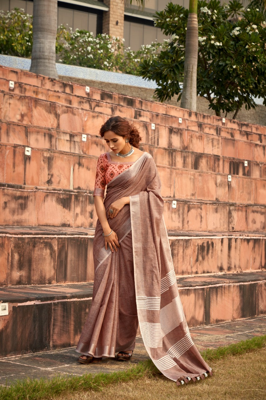 linen silk saree with striped design and border – lightweight ethnic wear for women
