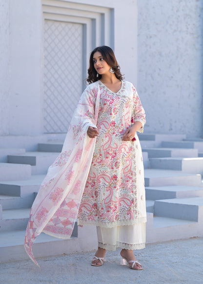 Women’s digital cotton kurta pant dupatta set with thread embroidery – summer ethnic wear