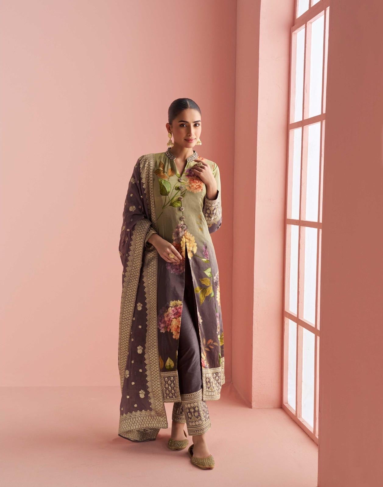 Premium Silk Embroidered Front Cut Kurta Pant Set with Jacquard Dupatta – Festive Wear for Women