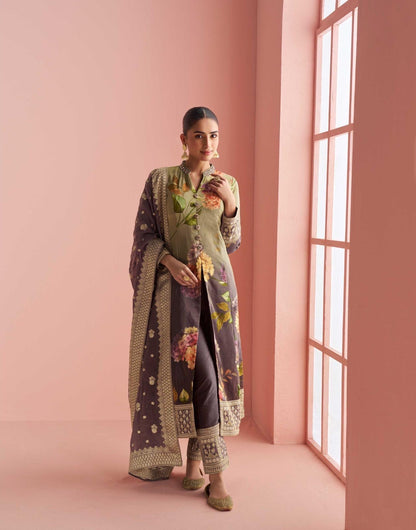 Premium Silk Embroidered Front Cut Kurta Pant Set with Jacquard Dupatta – Festive Wear for Women