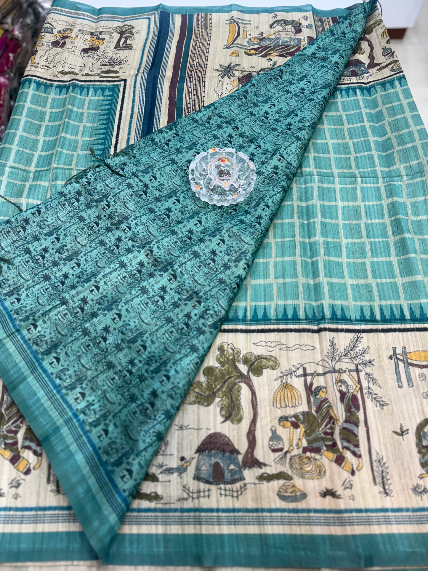 Spider Silk Saree with Folk Art Print Border and Tassel Pallu