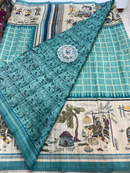 Spider Silk Saree with Folk Art Print Border and Tassel Pallu