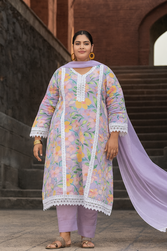 Linen cotton Kurti Pant with Dupatta Set