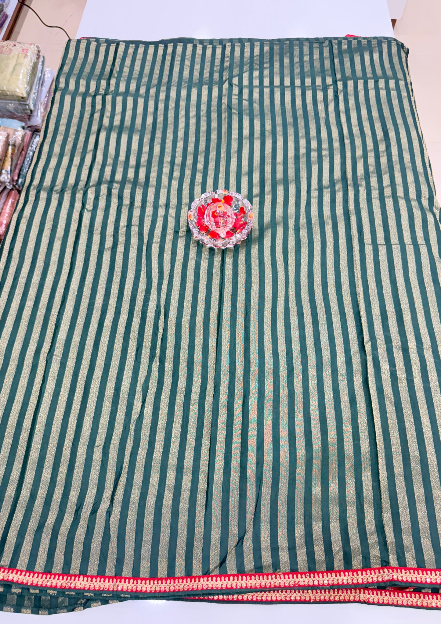 Olive Line Pattern Designer Silk Saree with Heavy Embroidery Work and Unstitched Blouse for Festive and Wedding Wear