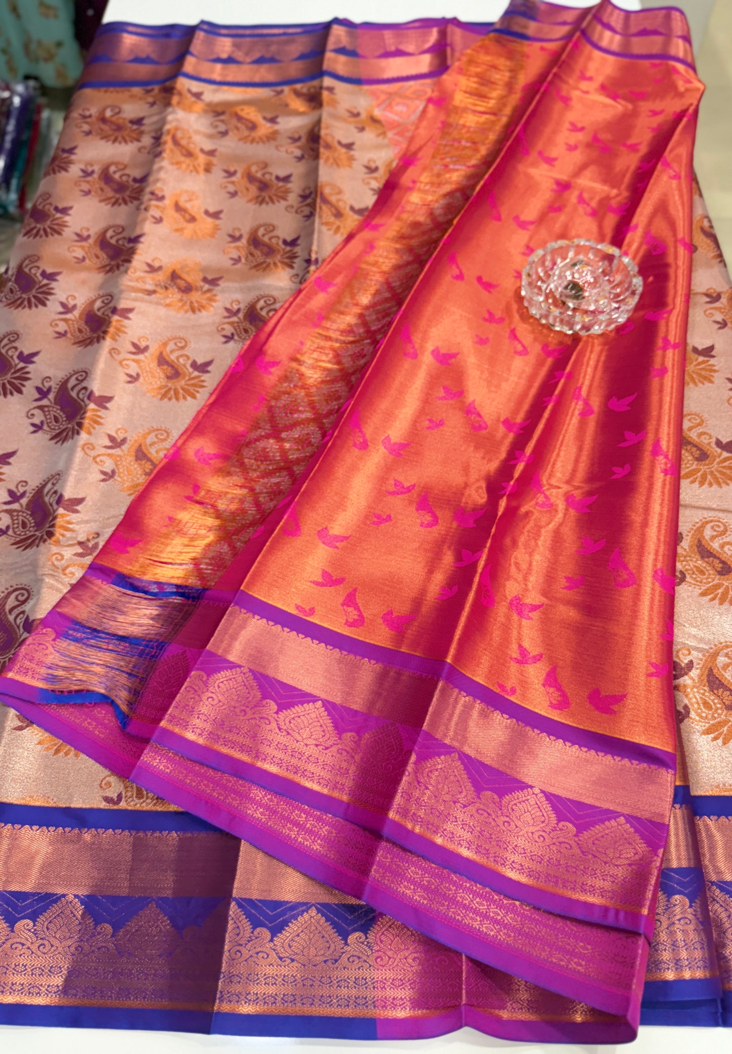 Bridal tissue saree for women with woven zari work and contrast border, kanchipuram style powerloom saree with blouse fabric