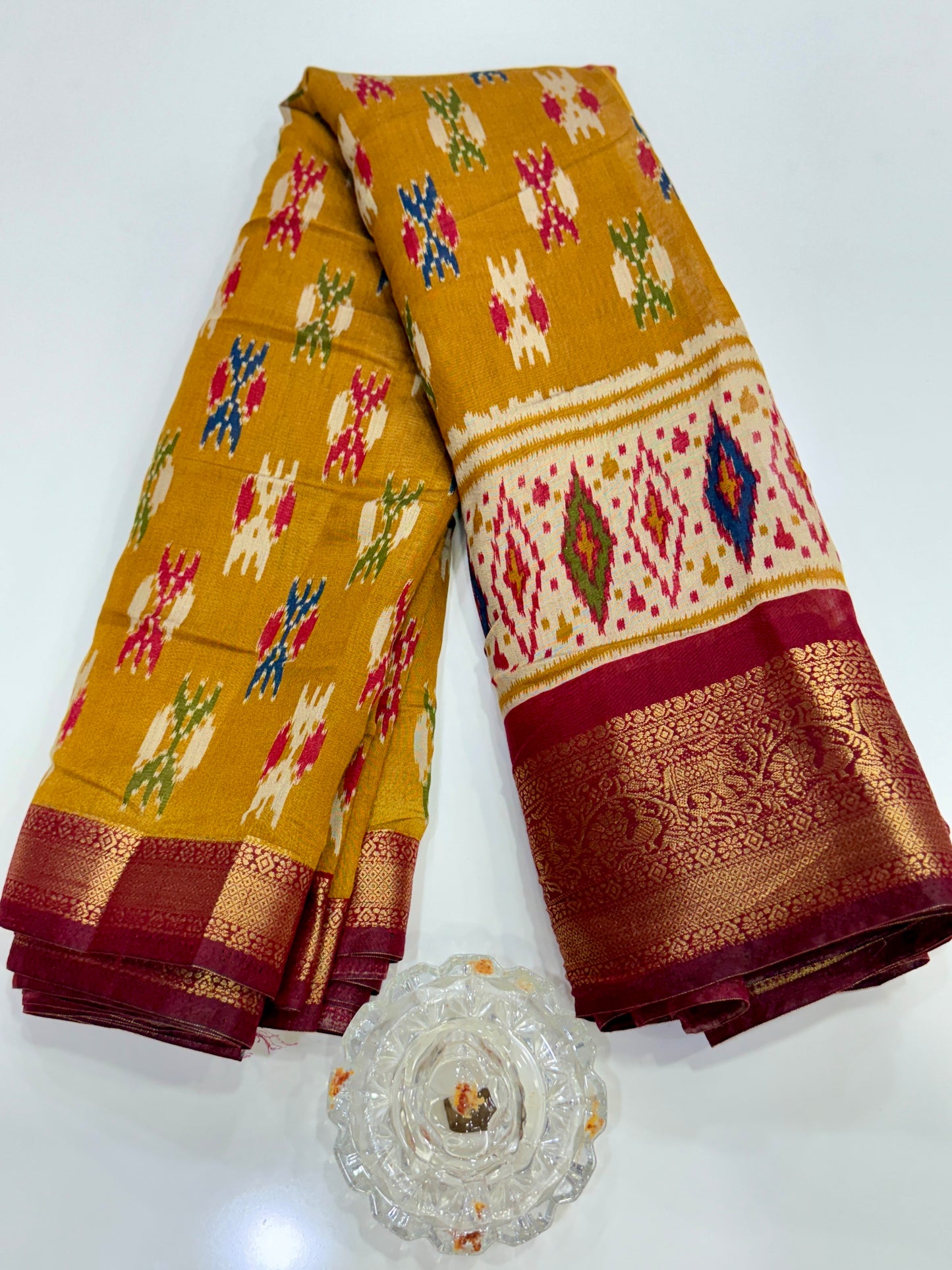 Semi Maheshwari Silk Saree with Zari Border & Ikat Style Weaving for Women