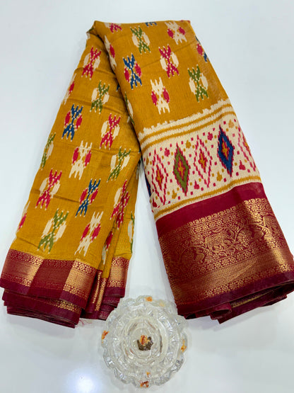 Semi Maheshwari Silk Saree with Zari Border & Ikat Style Weaving for Women