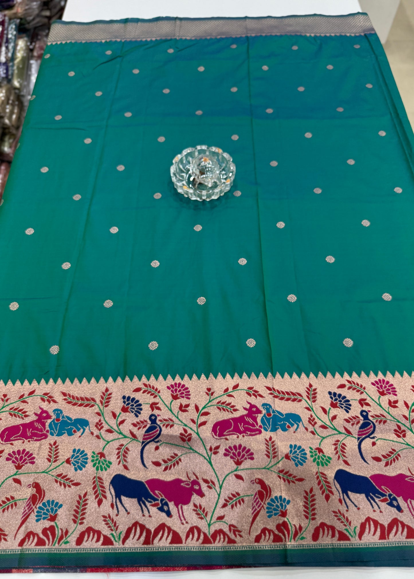 Paithani printed soft silk saree with zari-style border and contrast blouse for women