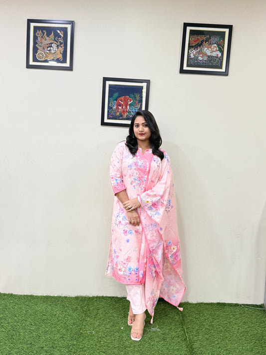 Women’s Linen Schiffli Embroidered Kurta Set with Cotton Pant and Viscose Mal Dupatta – L to 3XL