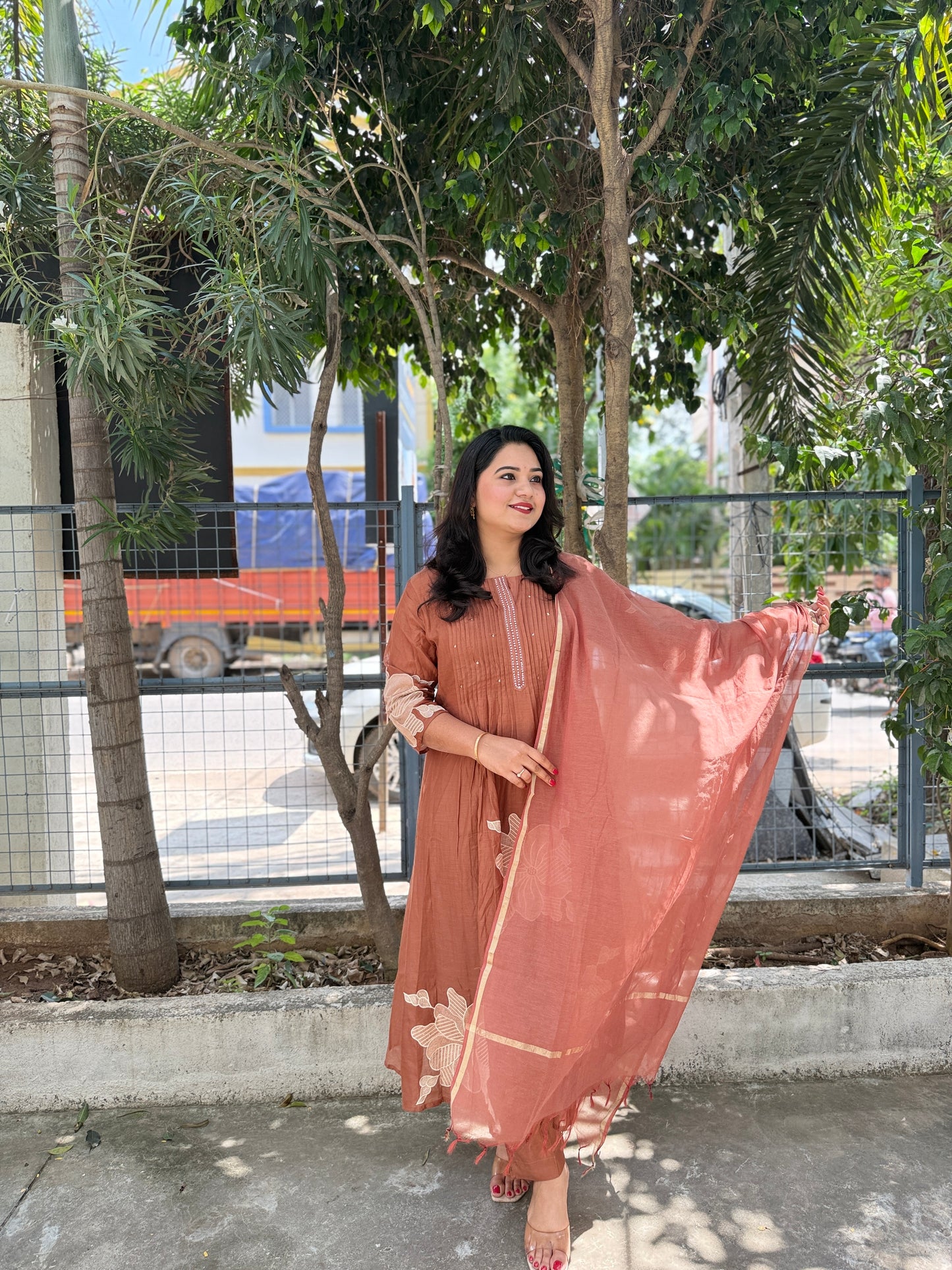 Mul Chanderi Kurta Set with Pintuck and Floral Embroidery, Shantoon Pant and Chanderi Dupatta