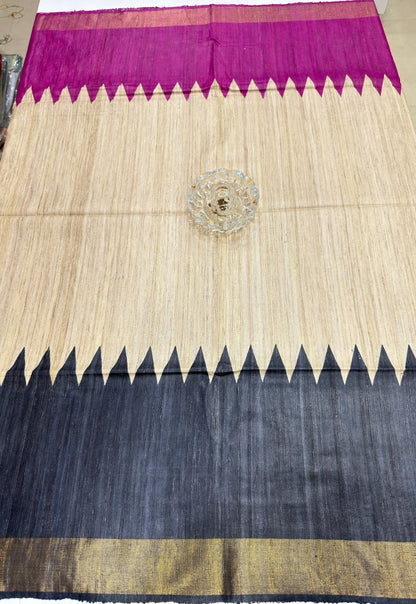 Pure Tussar Ghicha Silk Saree with Zari Border and Printed Design – Silk Mark Certified Handloom Saree