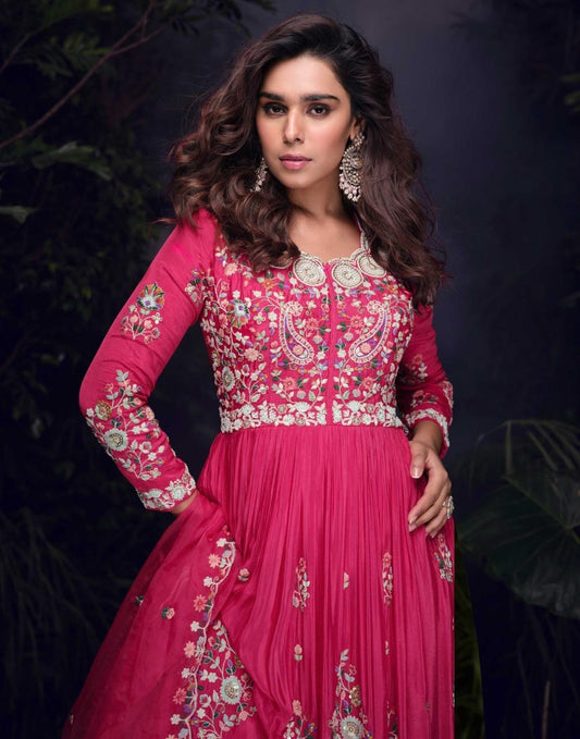 Real Chinon Silk Embroidered Gown Set with Embroidered Organza Dupatta – Free Size for Women