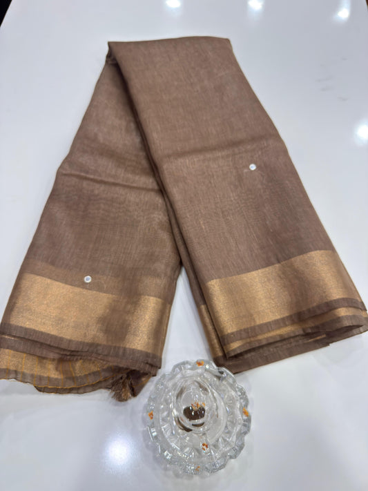Pure Tissue 150 Count Linen Handloom Saree with Handwork and Running Blouse for Women