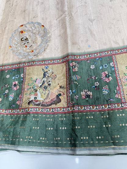 Tussar Fabric Saree with Katha Print Border, Mirror Work and Matching Blouse
