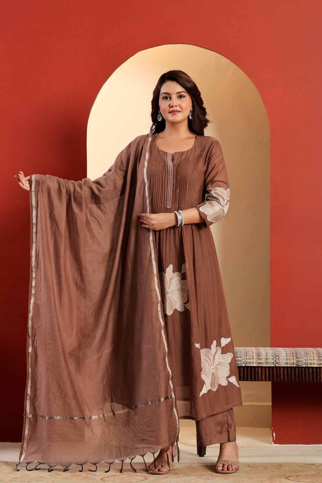 Mul Chanderi Kurta Set with Pintuck and Floral Embroidery, Shantoon Pant and Chanderi Dupatta