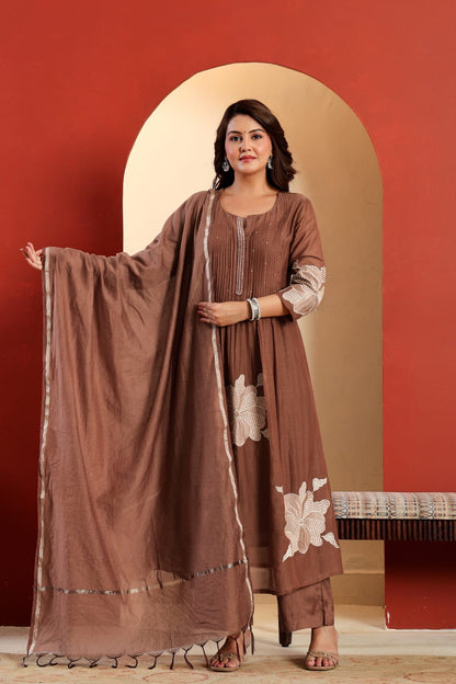 Mul Chanderi Kurta Set with Pintuck and Floral Embroidery, Shantoon Pant and Chanderi Dupatta