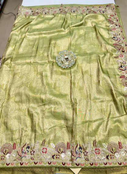 Tissue Silk Saree with Embroidery, Sequin, and Mirror Work Border – Festive Saree for Women