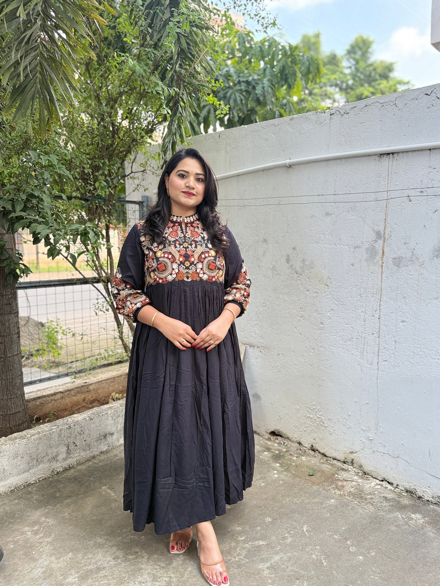 Embroidered Black Cotton Blend Long Kurta Dress with Yoke and Sleeve Work for Women