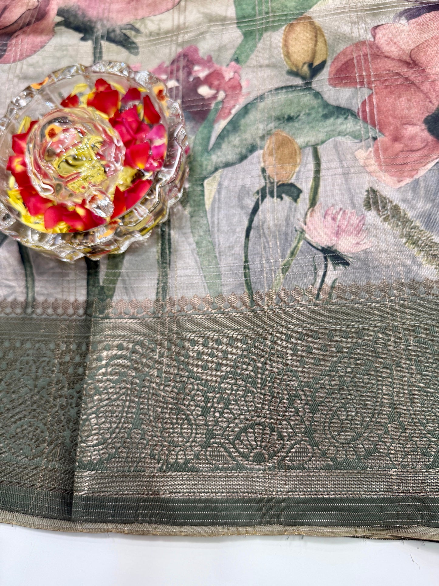 Bamboo Silk Saree with Chex Texture and Rich Pallu – Digital Floral Print Saree for Women