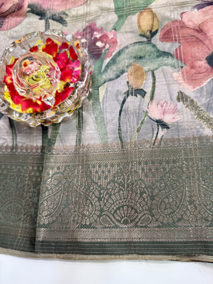 Bamboo Silk Saree with Chex Texture and Rich Pallu – Digital Floral Print Saree for Women