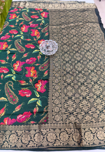Pure Viscose Crepe silk saree with digital floral print and woven zari border for women