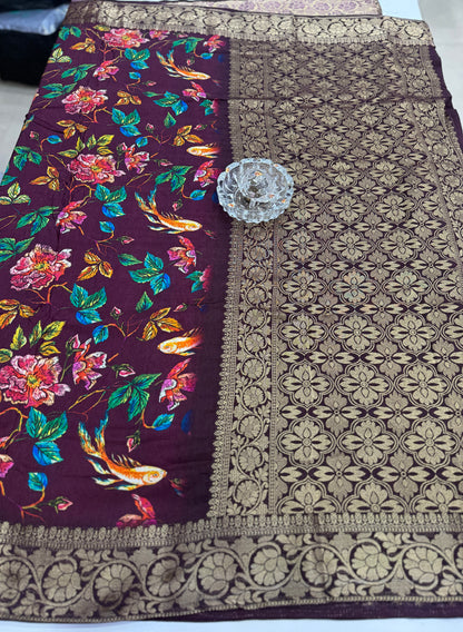 Pure Viscose Crepe silk saree with digital floral print and woven zari border for women