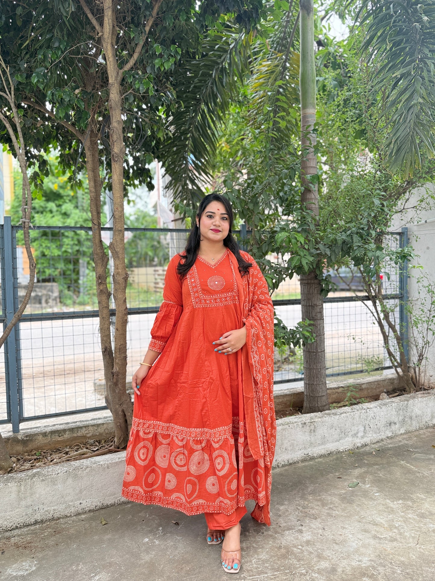 elegant rust cotton kurta set with mirror & sequin hand detailing