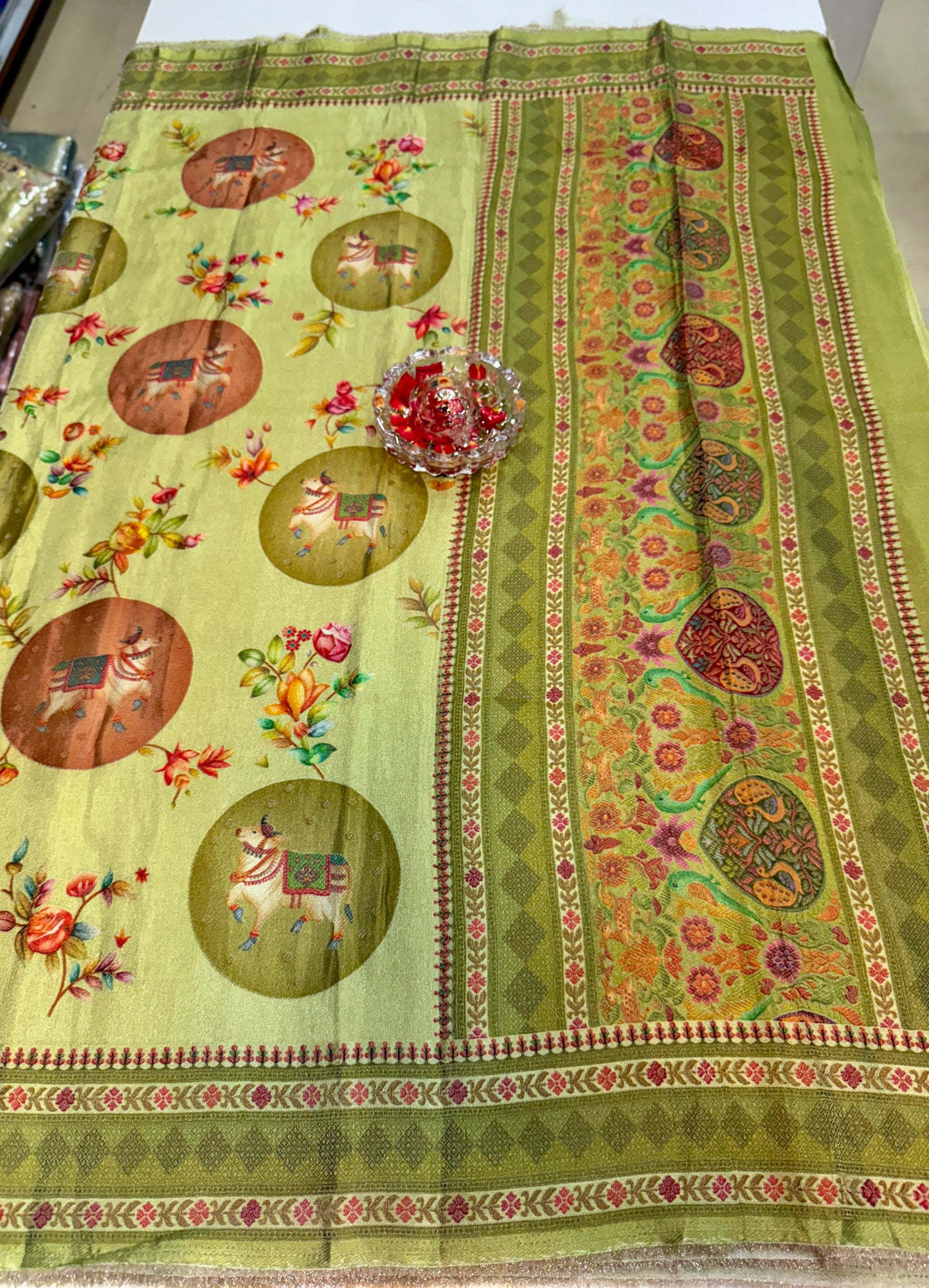 Pure Ziraf Silk Printed Saree with Elephant and Floral Motifs – Lightweight Soft Silk Saree for Women