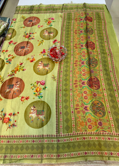 Pure Ziraf Silk Printed Saree with Elephant and Floral Motifs – Lightweight Soft Silk Saree for Women