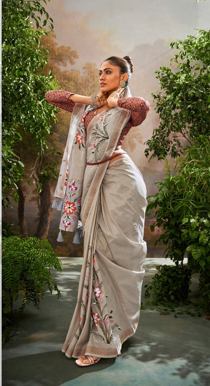 Soft Linen Tissue Saree with Hand Brush Print and Kalamkari Blouse – Festive and Wedding Wear