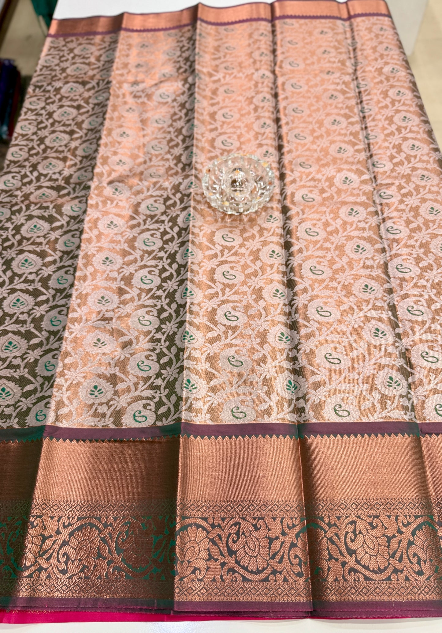Bridal tissue saree for women with woven zari work and contrast border, kanchipuram style powerloom saree with blouse fabric