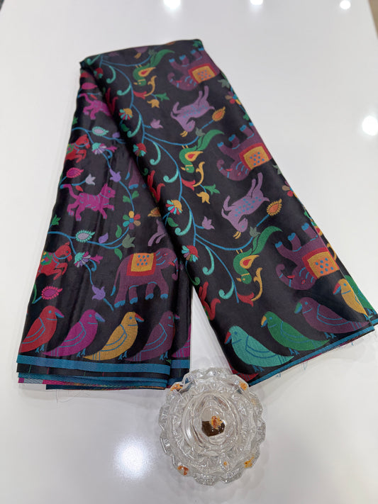 Soft silk printed saree with multicolour ethnic motifs and contrast blouse piece