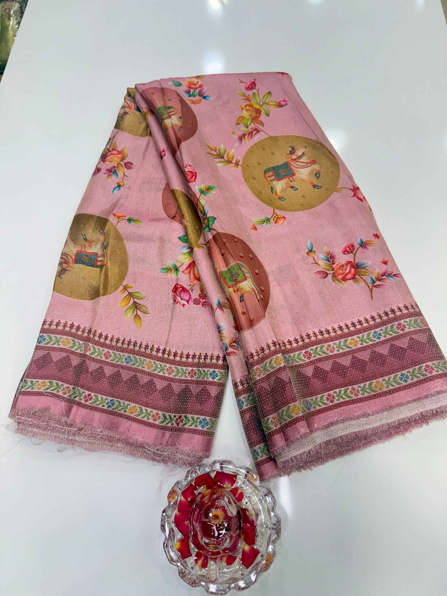 Pure Ziraf Silk Printed Saree with Elephant and Floral Motifs – Lightweight Soft Silk Saree for Women