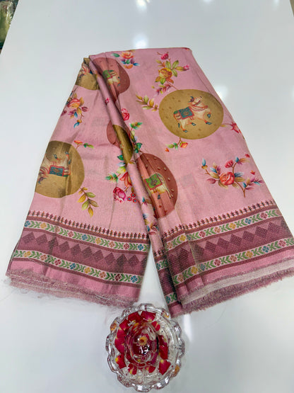 Pure Ziraf Silk Printed Saree with Elephant and Floral Motifs – Lightweight Soft Silk Saree for Women