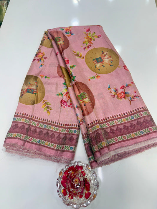 Pure Ziraf Silk Printed Saree with Elephant and Floral Motifs – Lightweight Soft Silk Saree for Women