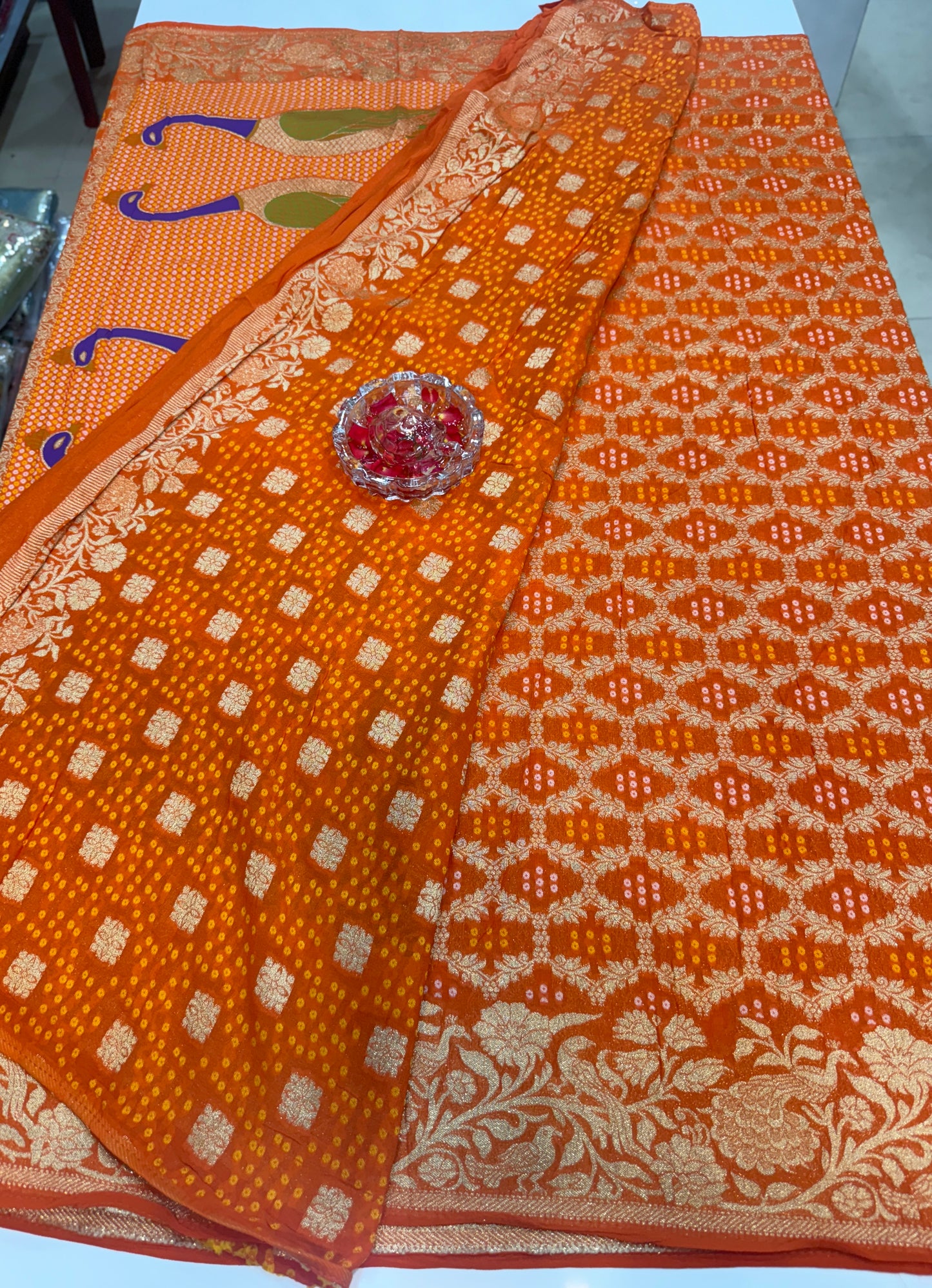 Pure Kaddi Georgette Zari Weaving Saree in Rust-Orange with Bandhani-Inspired Pattern and Antique Gold Border – Festive & Wedding Wear for Women