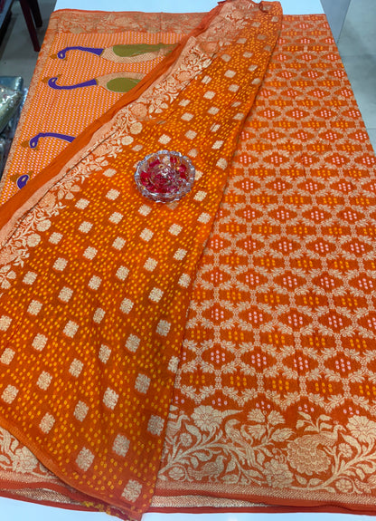 Pure Kaddi Georgette Zari Weaving Saree in Rust-Orange with Bandhani-Inspired Pattern and Antique Gold Border – Festive & Wedding Wear for Women