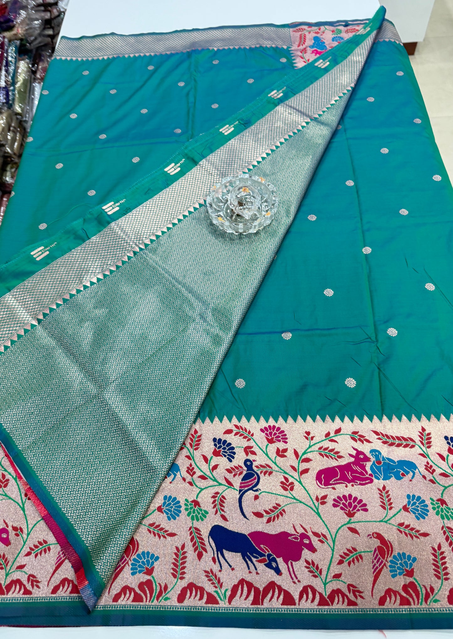 Paithani printed soft silk saree with zari-style border and contrast blouse for women