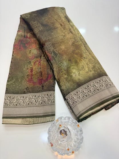 Tissue Zari Silk Saree with Digital Print and Woven Border – Premium Festive and Wedding Saree for Women