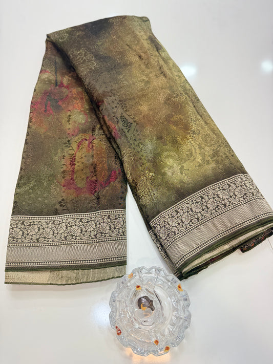 Tissue Zari Silk Saree with Digital Print and Woven Border – Premium Festive and Wedding Saree for Women