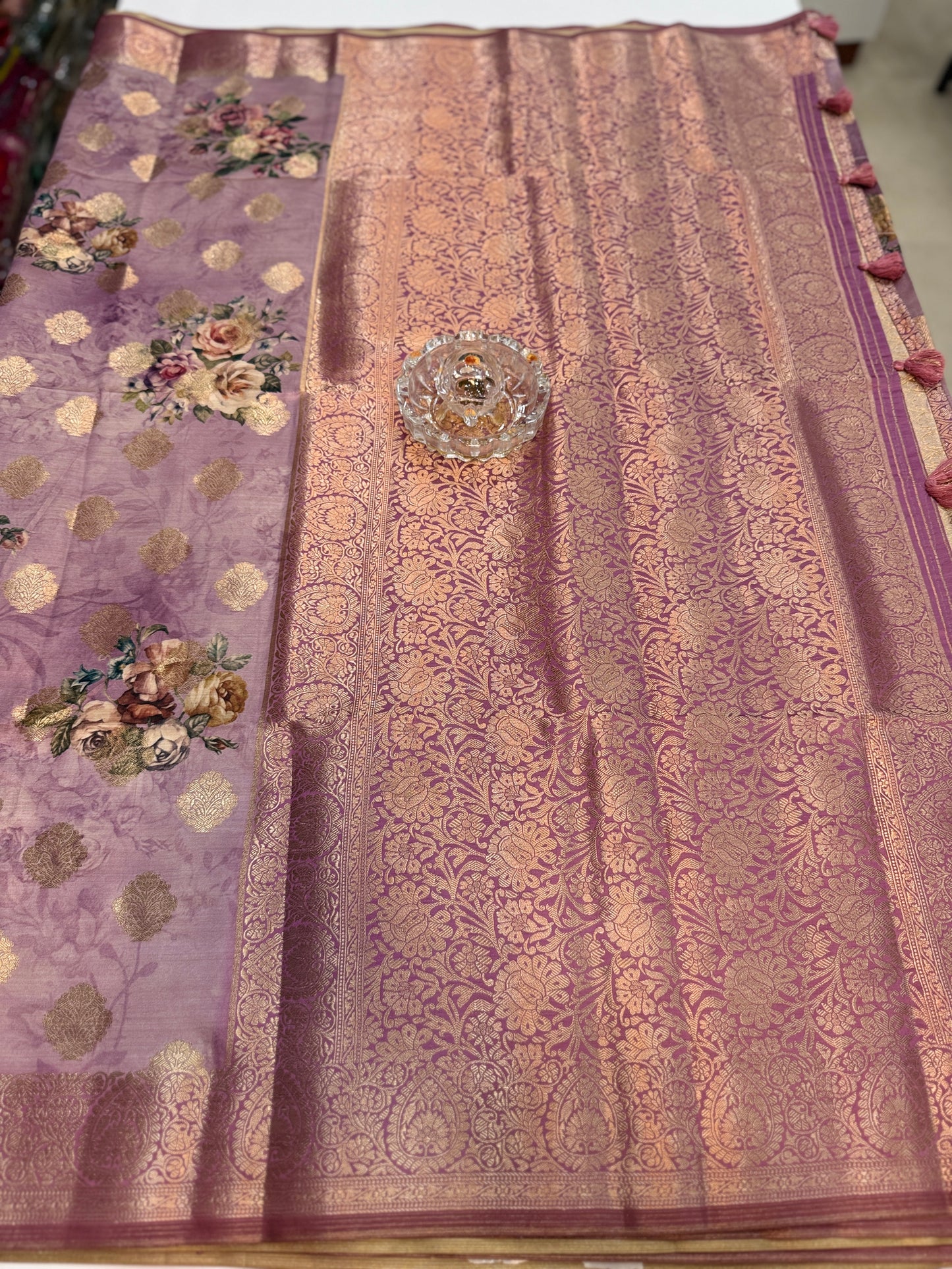 Bamboo Silk Floral Printed Saree with Rich Decorative Pallu, All Over Rich Butti Weaving