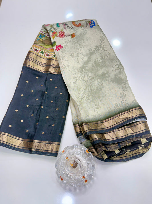 Mysore-Style Viscose Crepe Saree with Zari Border and Digital Heritage Print for Women