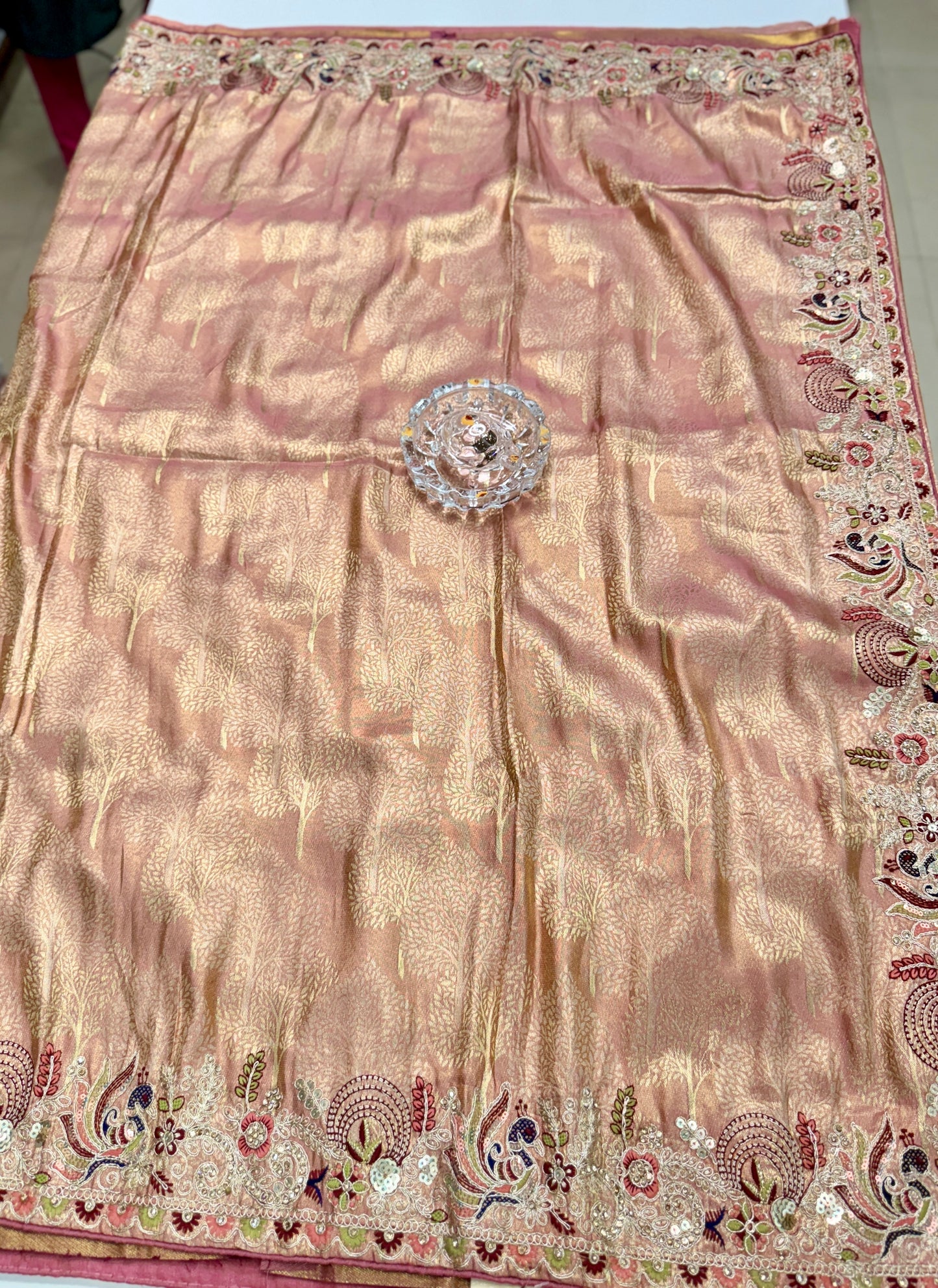 Tissue Silk Saree with Embroidery, Sequin, and Mirror Work Border – Festive Saree for Women