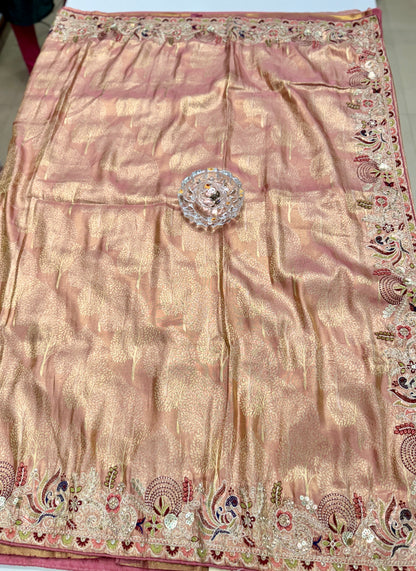 Tissue Silk Saree with Embroidery, Sequin, and Mirror Work Border – Festive Saree for Women