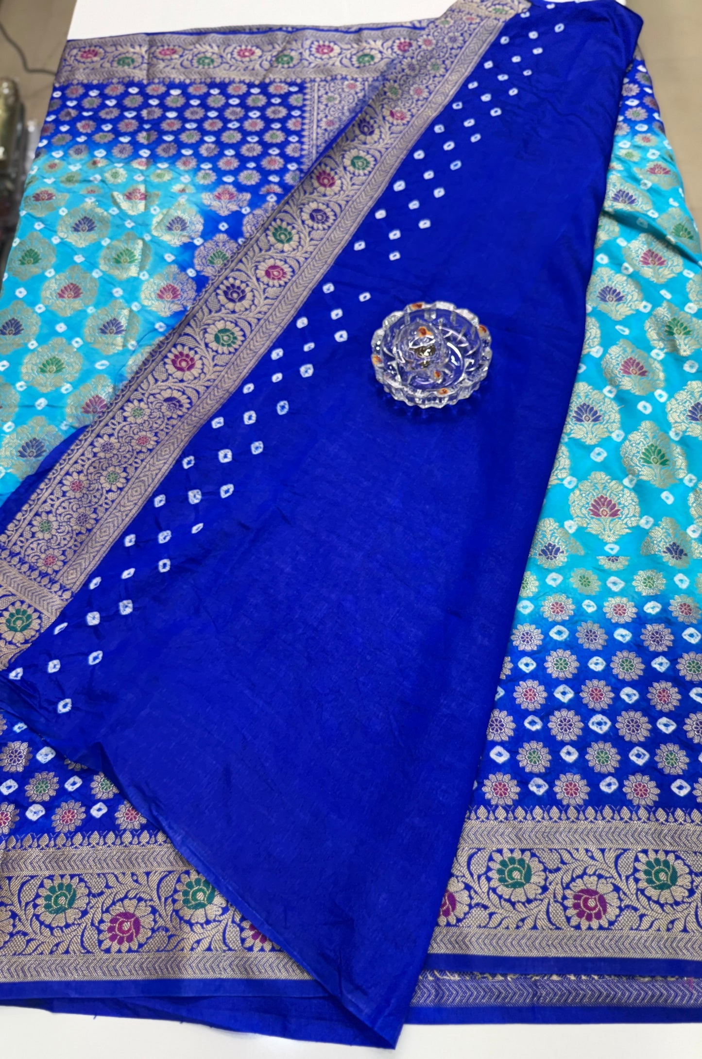 Banarasi dupiyan bandhani saree with semi-weaving neemjari work and hand chunri craftsmanship