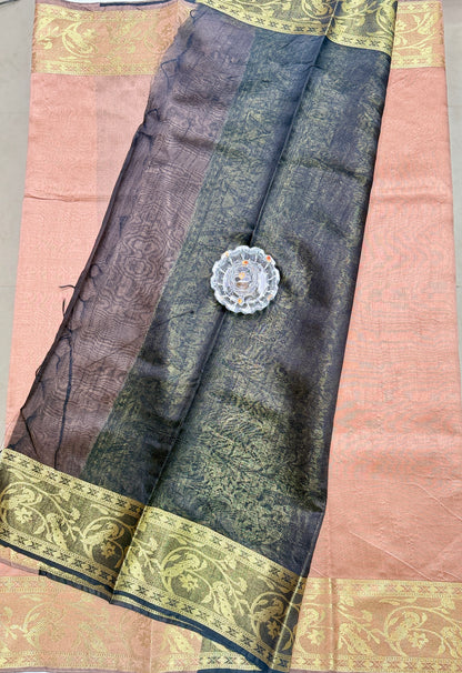 Semi Raw Silk Saree with Zari Hand Border, Heavy Jamdani Pallu and Contrast Blouse