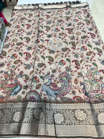 Russian Viscose Crepe Silk Chittpallu Saree with Heritage Print and Zari Border for Women