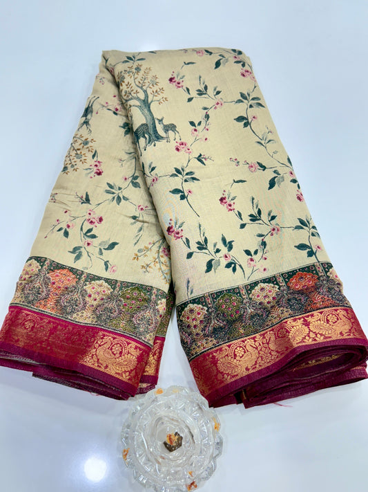 Chennuri silk style printed saree with traditional artwork border and unstitched blouse fabric for women